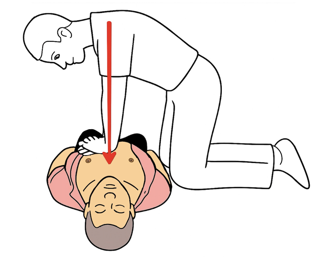 Person mit durchgestreckten Armen über Brustkorb gebeugt
